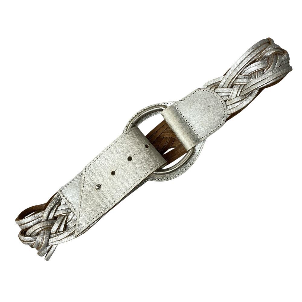 Chicos Woven Leather Belt Womens Small Metallic Silver D Ring Buckle Wide Boho